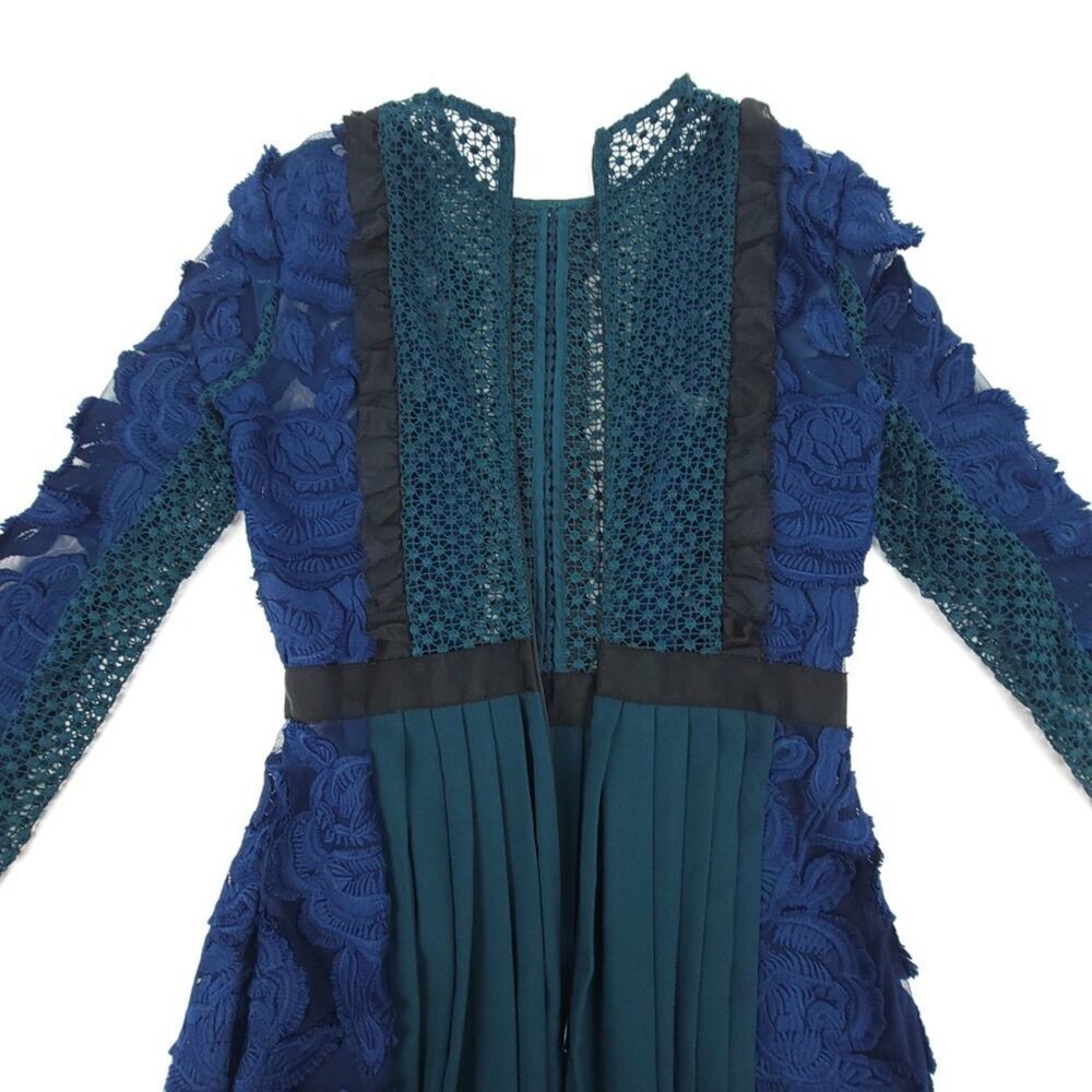 NEW Self Portrait Thea Sheer Lace Applique Pleated Maxi Dress Navy Emerald Gown - Picture 10 of 11